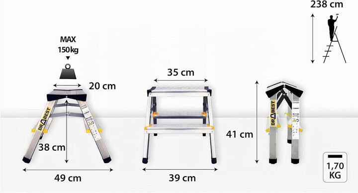 DRABEST Alu Leiter Klappbar 2 x 2 Stufen Zweiseitige Klappleiter Doppelstufenleiter max 150 kg TÜV Z