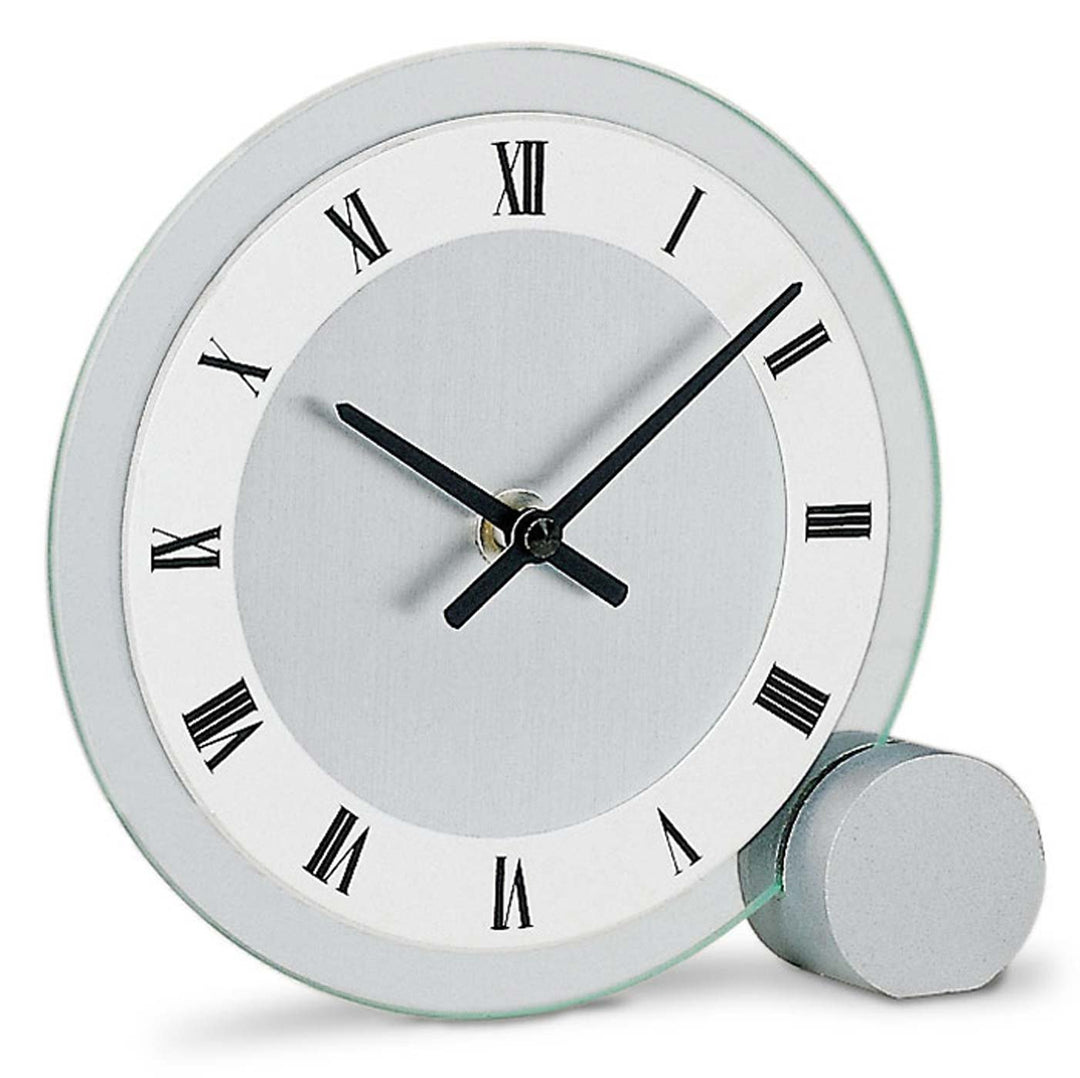 AMS 166, Tischuhr analog, geräuschloses Quarzwerk, Glasgehäuse, römische Ziffern, weisses Zifferblat