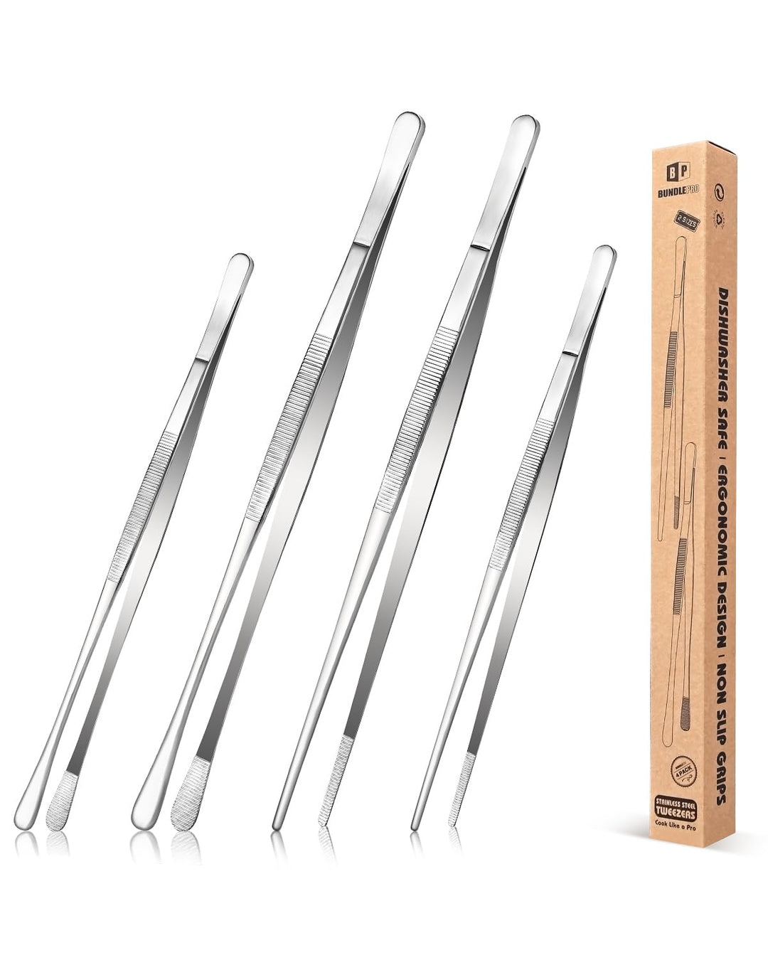 4 Stück feine Pinzettenzangen, 12'' und 10'' Edelstahl Pinzetten Set, Professionelle Silberne Küchen