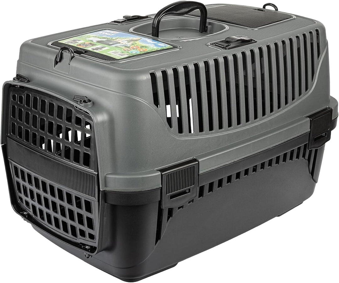HAPPET Tiertransportbox Molly M Grau & Schwarz 55x36,5x33 cm – Robuste, gut belüftete Transportbox a