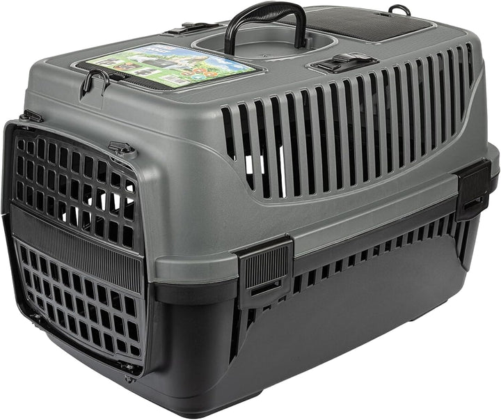HAPPET Tiertransportbox Molly M Grau & Schwarz 55x36,5x33 cm – Robuste, gut belüftete Transportbox a