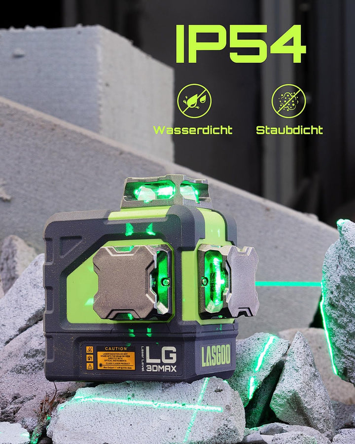 LasGoo LG-3DMAX 3x360° grüner Laser-Wasserwaage, 3D selbstnivellierend, 2 wiederaufladbare Batterien