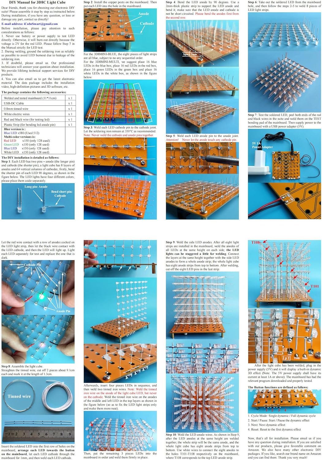 Mini-3D-LED-Würfel, DIY-Elektronik-Set, Löt-Projekt-Kit (3D8MINI-MULTI-KIT), 3d8mini-multi-kit