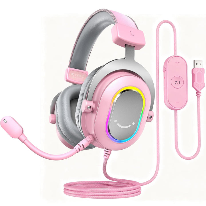 FIFINE Gaming Headset mit Mikrofon, Over Ear Kopfhörer mit Kabel, USB Headset für PC PS4 PS5, RGB He