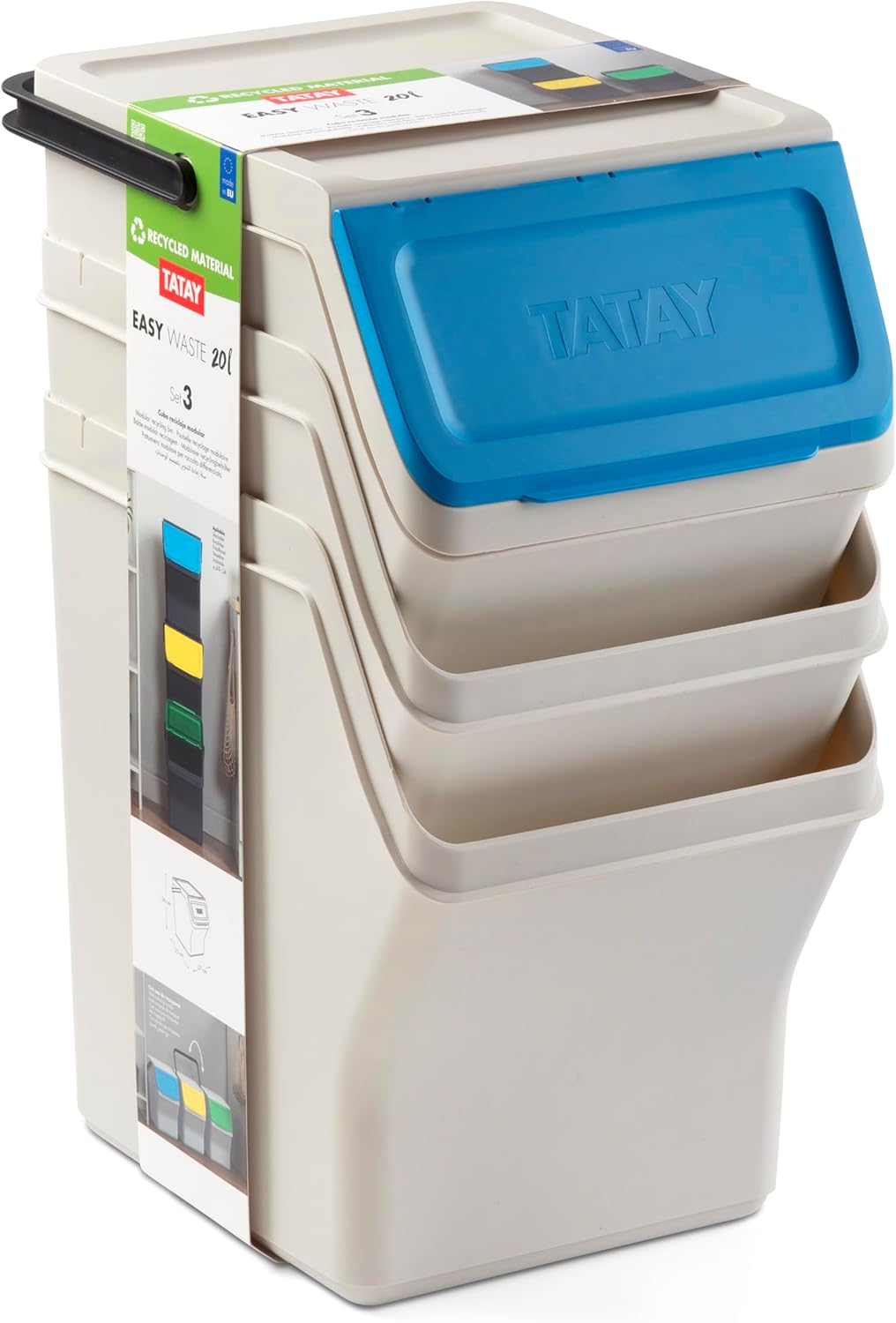 TATAY Mülltrennsystem Easy Waste 20L | 3er Set Recycling Behälter | Modular und Stapelbar | Deckel m