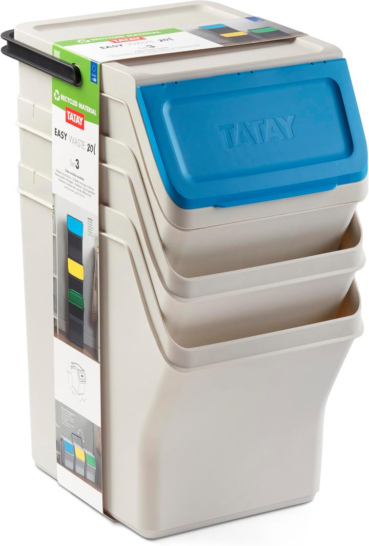 TATAY Mülltrennsystem Easy Waste 20L | 3er Set Recycling Behälter | Modular und Stapelbar | Deckel m