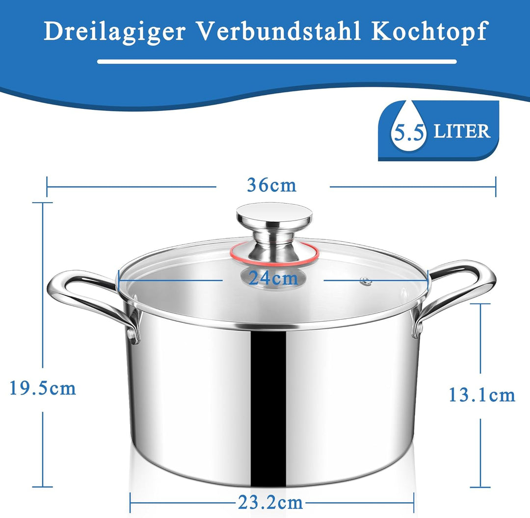 HaWare Kochtopf, 24cm Topf Induktion aus 3-Lagen Edeastahl, 5,7L Kochtöpfe Nudeltopf mit Glasdeckel