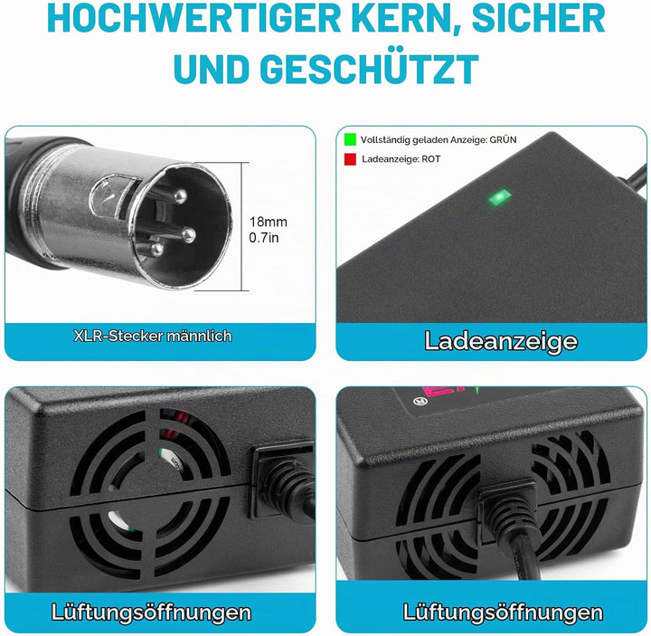 54.6V 48V 2A E-Bike Ladegerät Ladekabel für 48V Akku mit 3pin XLR Stecker für Elektroroller Elektris
