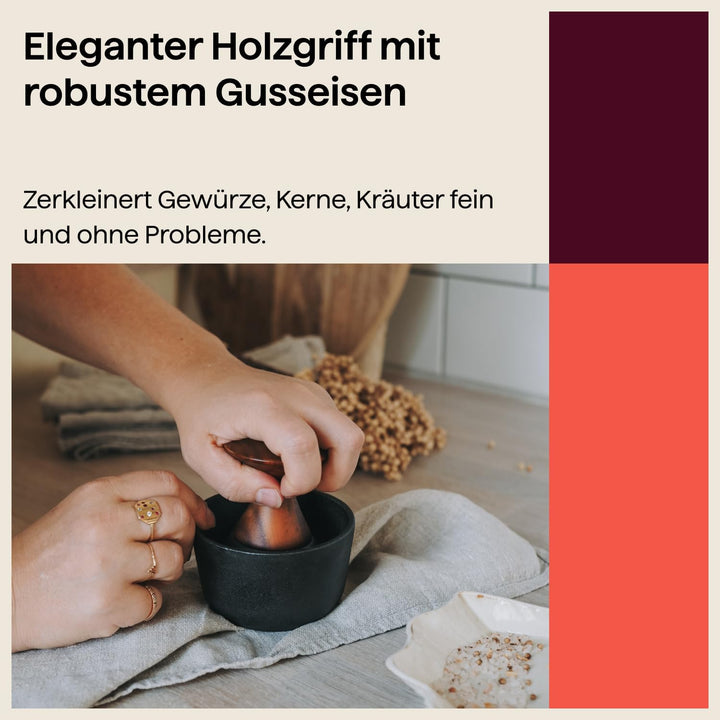 Crushgrind Kiruna Mörser mit Stössel | Gewürzmörser aus hochwertigem Gusseisen und Akazienholz | Zum