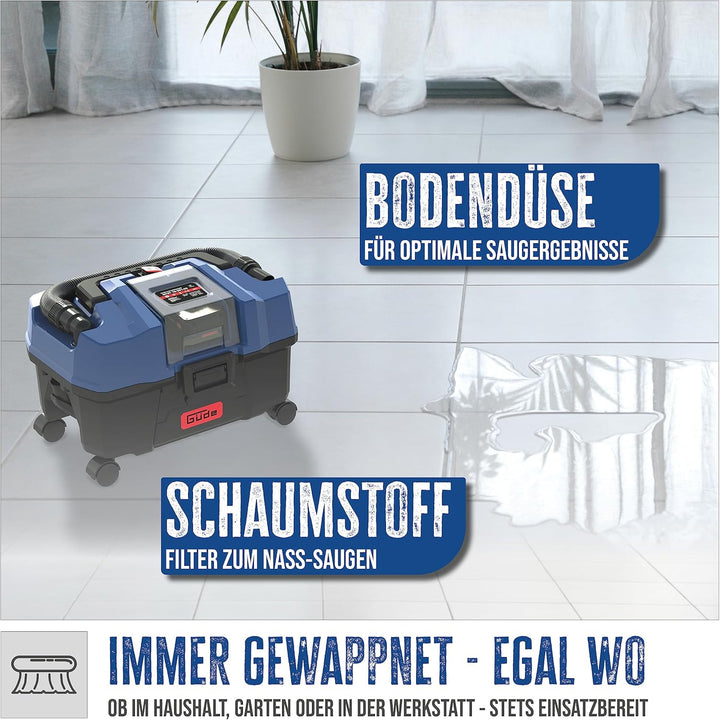 Güde Akku Nass Trockensauger NTST 18-201-05 (18V, 10 l Auffangbehälter, 4 Lenkrollen, Boden- & Fugen