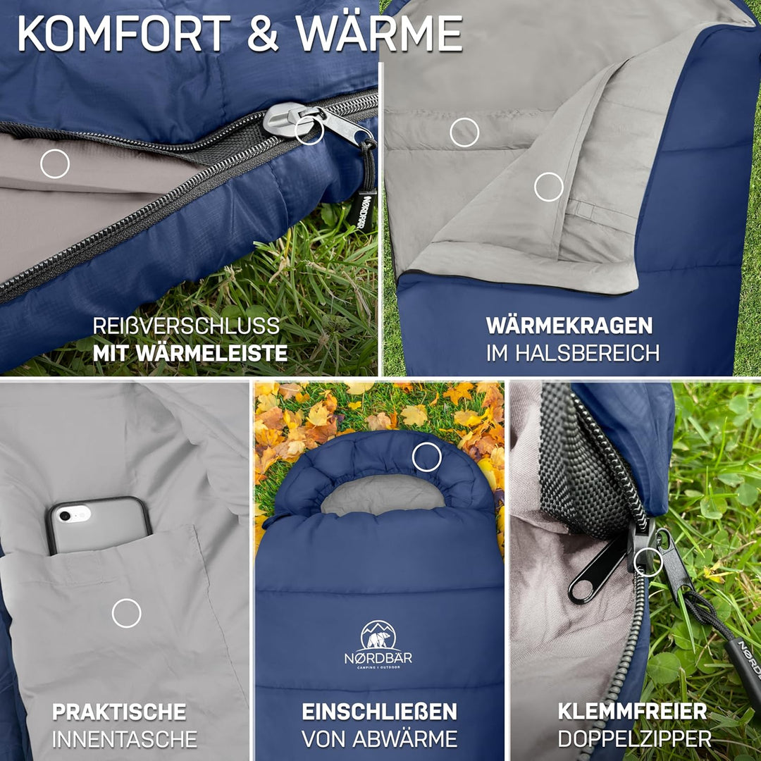 NORDBÄR® Schlafsack 3 Jahreszeiten & Sommer Ultraleicht [750g/1500g] | Camping Mumienschlafsack | kl