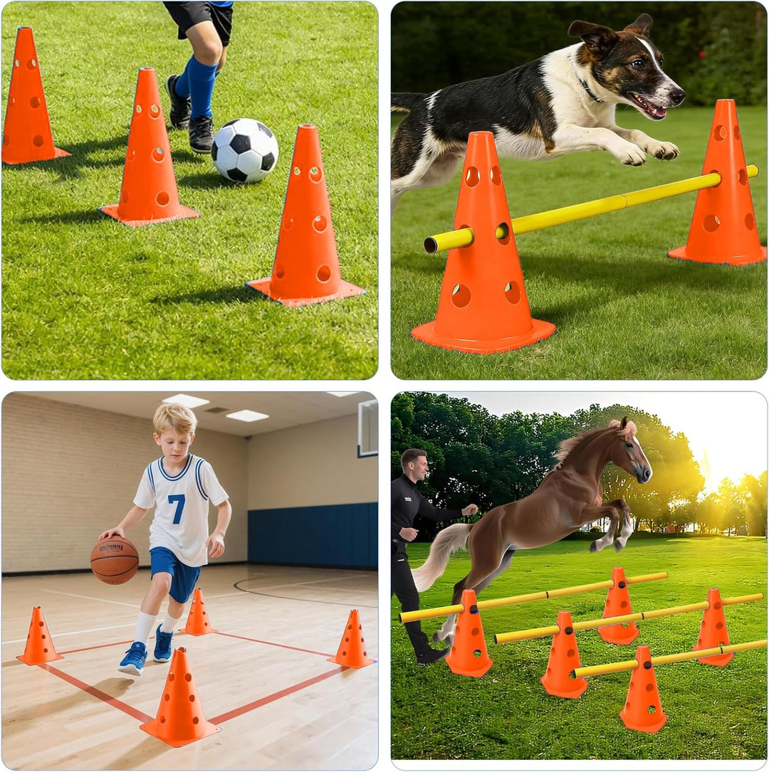 Sports Steckhürdenset, 10 Kegel + 5 Stangen Agility Hürden Steckhürdenset, Kinder Agility Hürden Hin