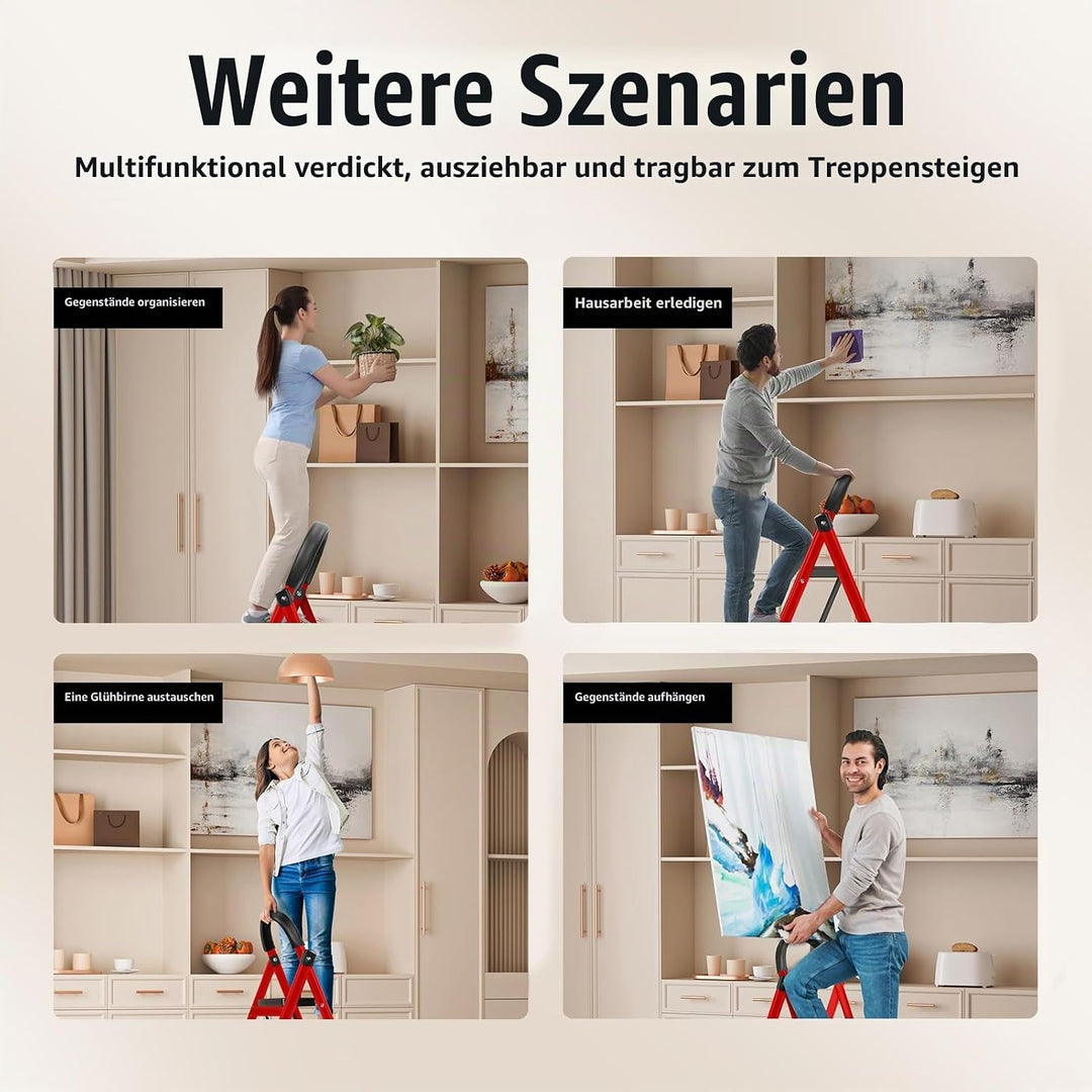 Trittleiter 3 Stufen Klappbar, Leiter 3 Stufen mit 150kg Tragkraft, Klappleiter mit Breiten Stufen u