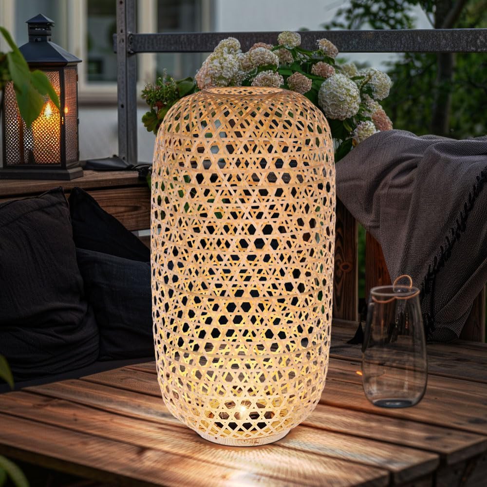 GLOBO Solarleuchte Korbgeflecht Stehleuchte Bambus Aussenlampe Solarlaterne, hinstellen aufhängen, L