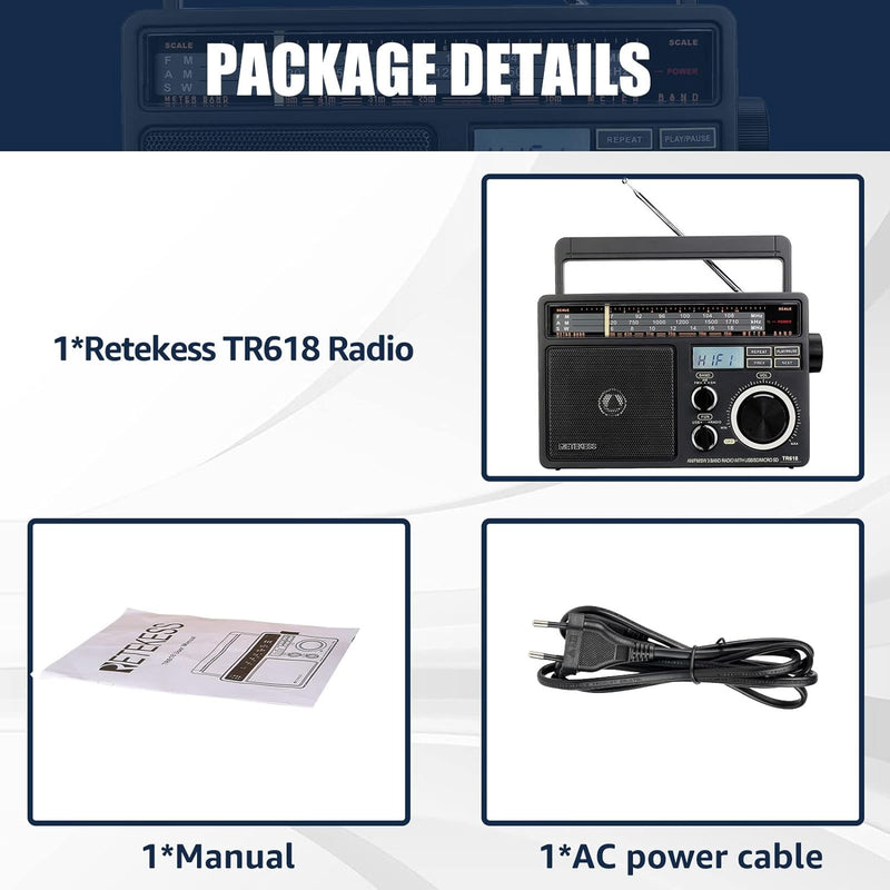 Retekess TR618 Tragbare Radio Batteriebetrieben, Kofferradio für Senioren, Weltempfänger AM FM SW, U