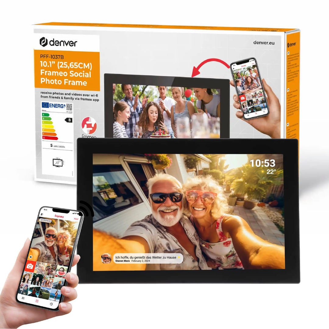Denver PFF1037 Digitaler Bilderrahmen mit Glasdisplay und WiFi, 10.1 Zoll, Elektronischer Bilderrahm