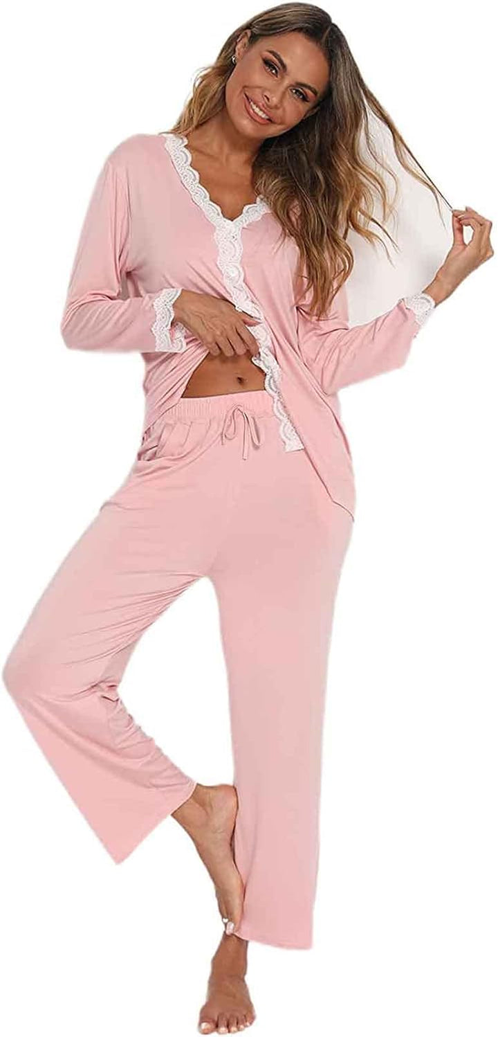 Jecarden Damen Schlafanzug mit Spitze Lang - Damen Pyjama Set Winter Langärmelig Nachtwäsche Zweitei