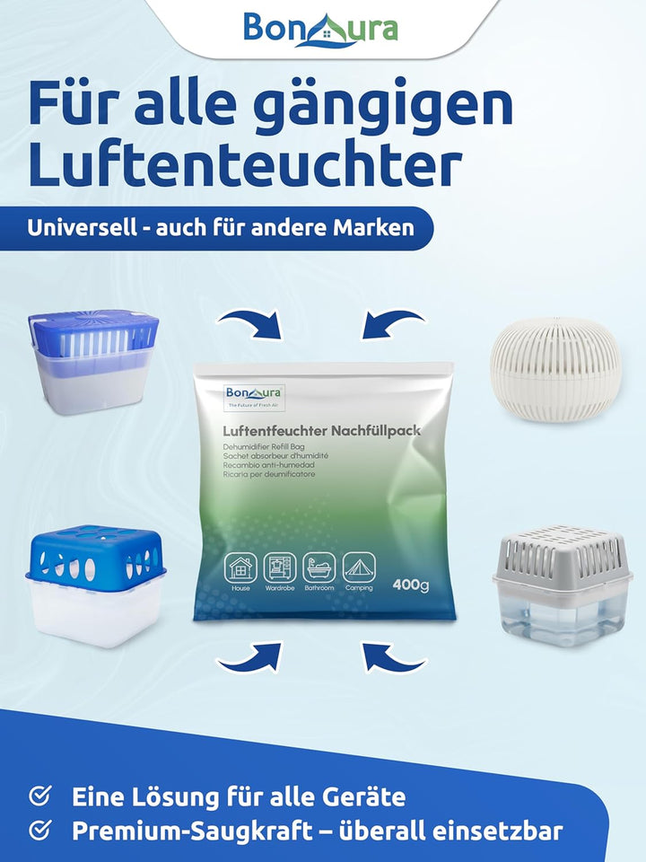 BonAura® Luftentfeuchter Nachfüllpack 12 x 400g - Mittleres Sparset Luftentfeuchter Granulat - 12er
