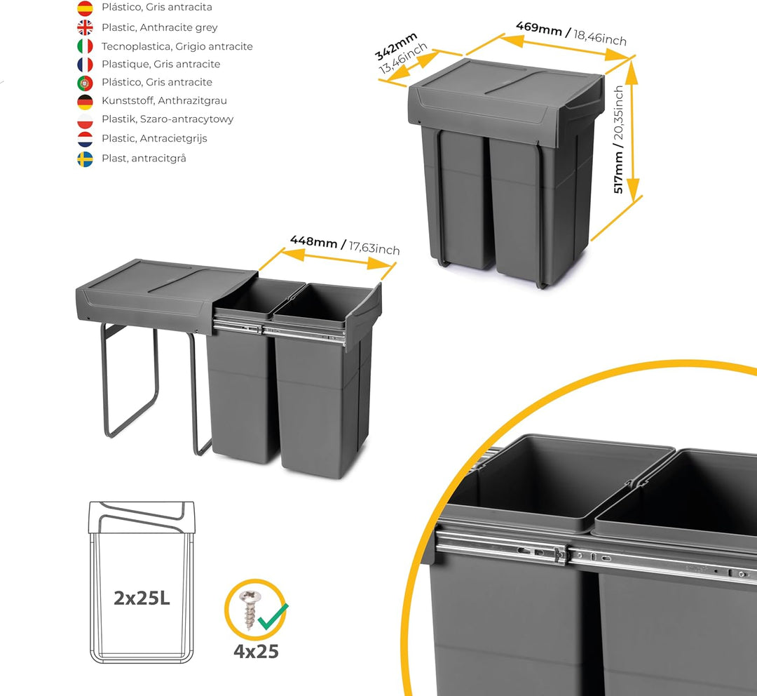Emuca - Recycling-Behälter für die Küche, Bodenbefestigung und Handauszug, 2x25l, Kunststoff anthraz