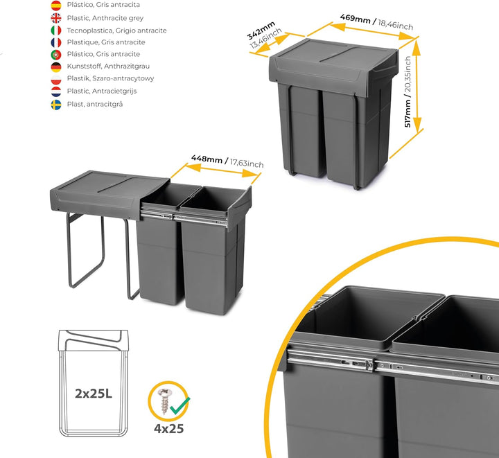 Emuca - Recycling-Behälter für die Küche, Bodenbefestigung und Handauszug, 2x25l, Kunststoff anthraz