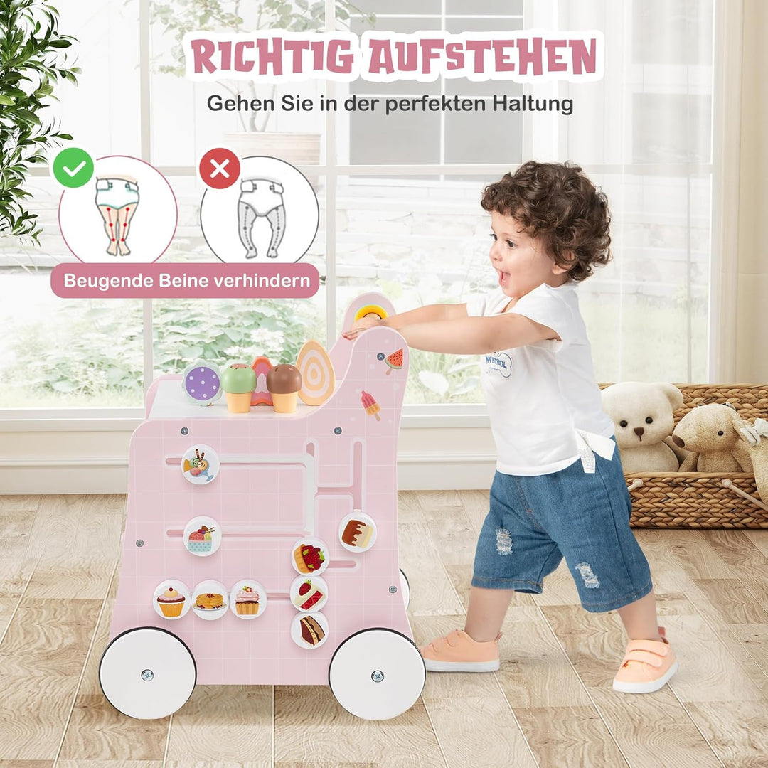 COSTWAY Lauflernwagen Holz, Lauflernhilfe mit Stauraum, Dessertladen auf Rädern mit Eiscreme, Schieb