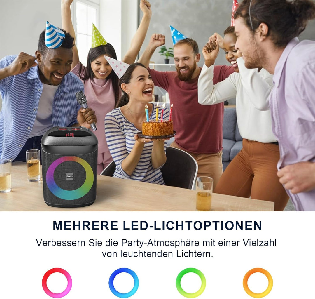 AIMAX Karaoke Maschine mit 2 Kabellosen Mikrofonen, Tragbare Bluetooth Lautsprecher für Erwachsene u