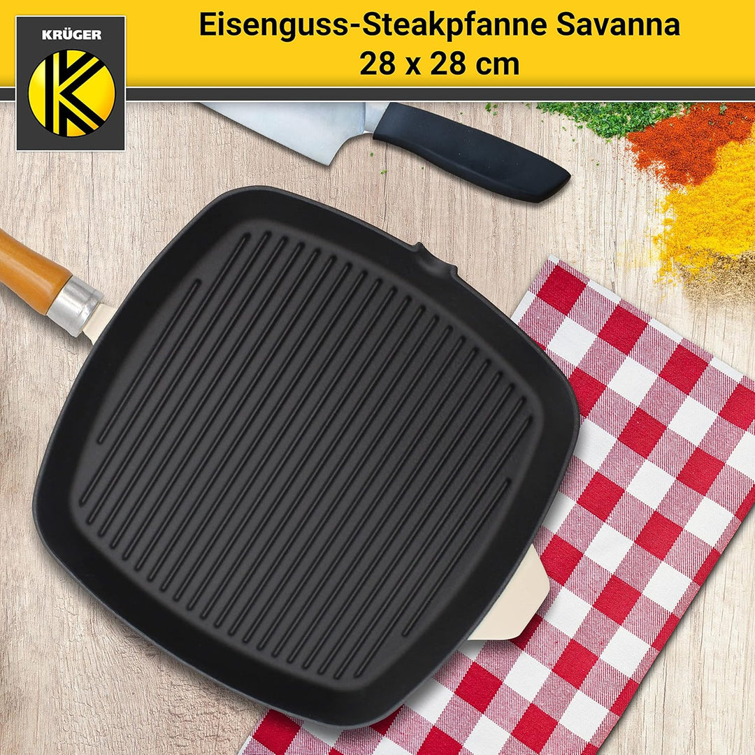 KRÜGER Gusseisen-Grillpfanne mit Holzgriff - 28 x 28 cm - emailliert - hohe Hitzebeständigkeit und l