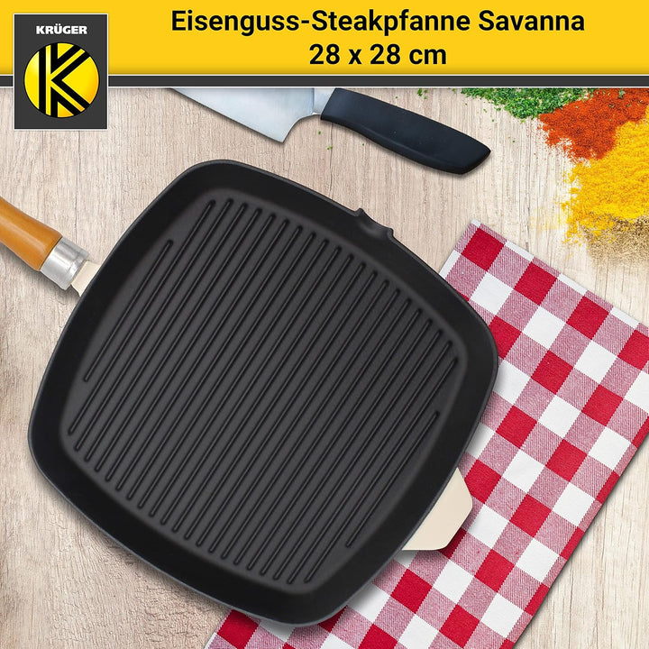 KRÜGER Gusseisen-Grillpfanne mit Holzgriff - 28 x 28 cm - emailliert - hohe Hitzebeständigkeit und l