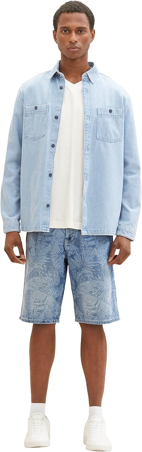 TOM TAILOR Herren Relaxed Fit Jeans Bermuda Shorts mit Palmen-Print, 31748 - Light Banana Leaf Lazer