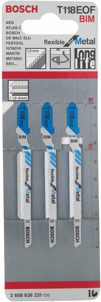 Bosch 3x Stichsägeblatt T 118 EOF Flexible for Metal (für Stahlbleche, Professional Zubehör Stichsäg