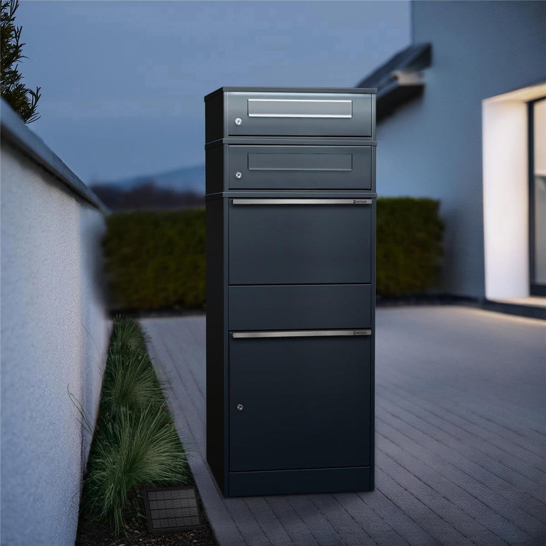 Metzler Paketbox freistehend mit LED-Solarbeleuchtung und abschliessbaren Fächern in Anthrazit RAL 7