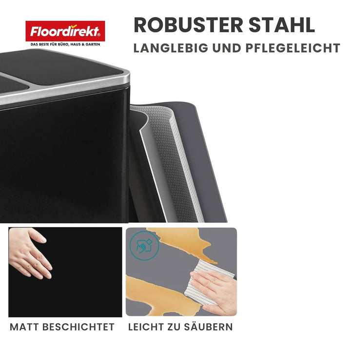 Floordirekt Mülleimer Küche 2×30L Anthrazit | 2-Fach Mülltrennung, Treteimer Küche, Metall, Soft-Clo