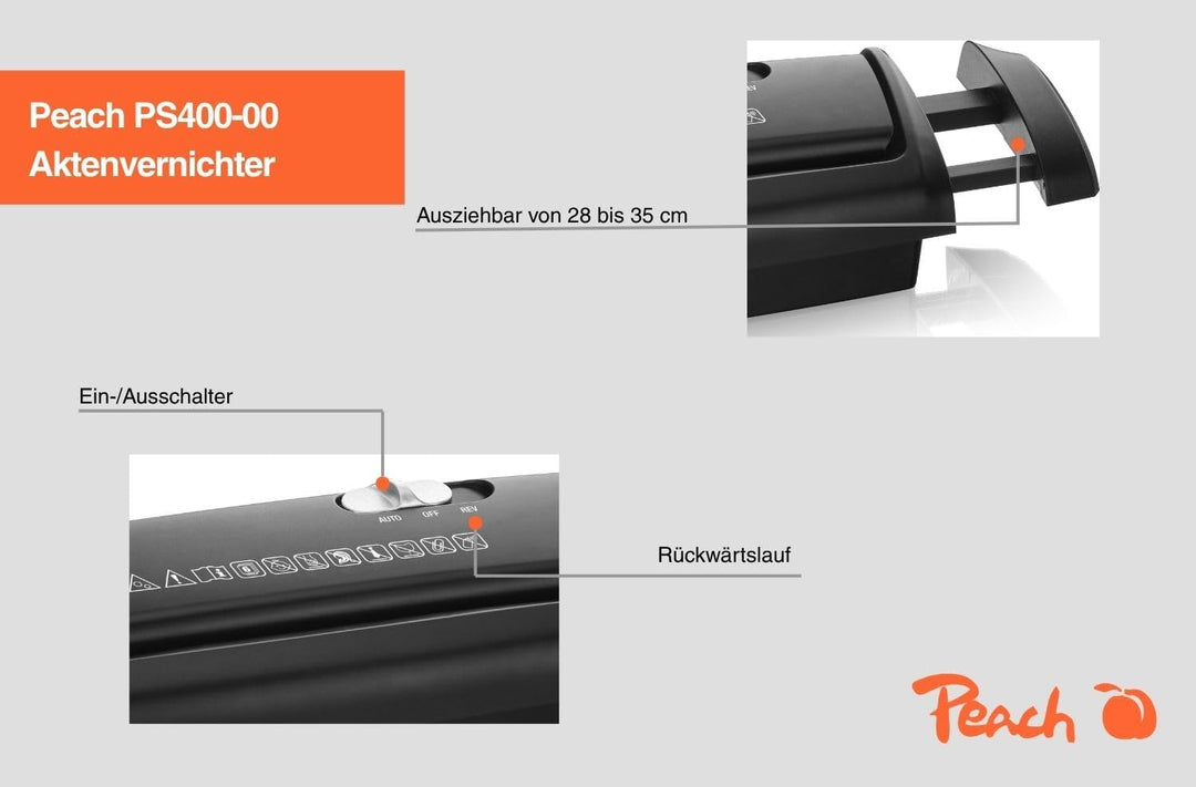 Peach PS400-00 Streifenschnitt Aktenvernichter | 6 Blatt | 7 mm Streifenbreite | schreddert Papier u