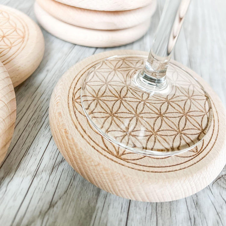 Spruchreif | Glasuntersetzer/Glasabdeckung mit Holz-Ständer | Motiv: Blume des Lebens (6er Set) | Es