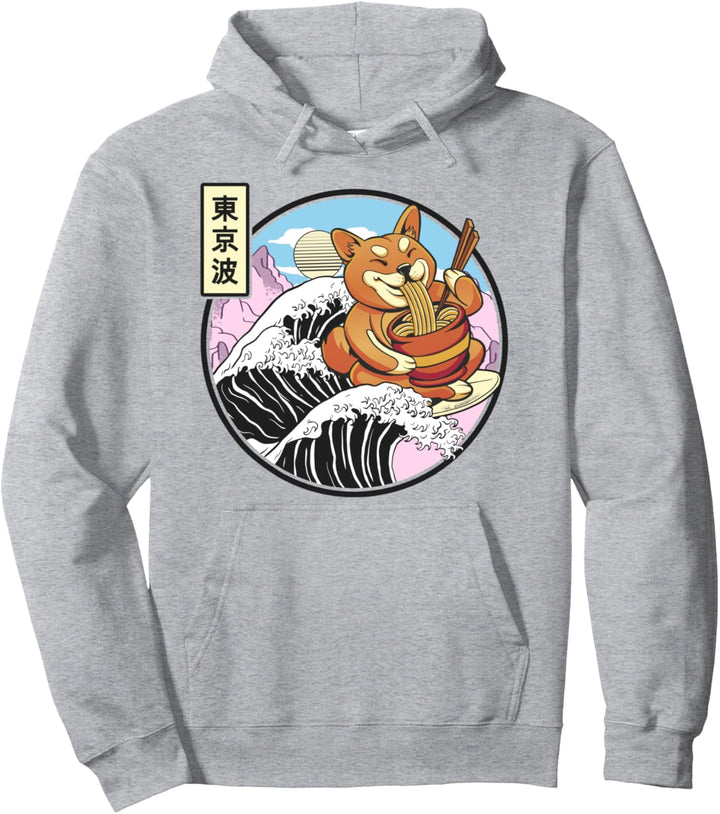 Surfen Shiba Inu Eating Ramen Kanagawa Wave Kawaii Anime Pullover Hoodie