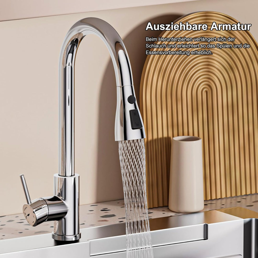 WLTEDRGO Wasserhahn Küche Ausziehbar, Hochdruck Küchenarmatur mit Brause, Armatur Küche mit 3 Strahl