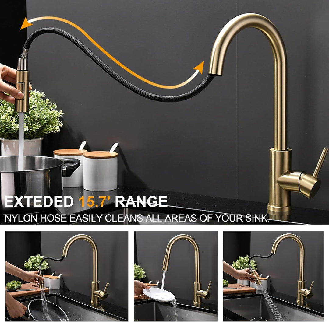 Tohlar Niederdruck Armatur Küche Gold, Niederdruck Wasserhahn Küche mit Ausziehbare Brause, Mischbat