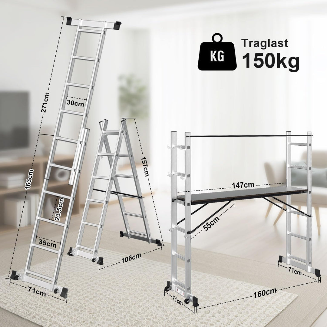 Gimisgu Gerüst, 4 in 1 Alu Multifunktionsleiter 6+6 Stufen, Mobile Mehrzweckleiter mit Plattform und