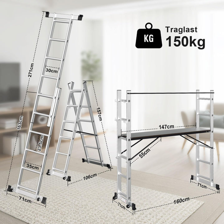 Gimisgu Gerüst, 4 in 1 Alu Multifunktionsleiter 6+6 Stufen, Mobile Mehrzweckleiter mit Plattform und