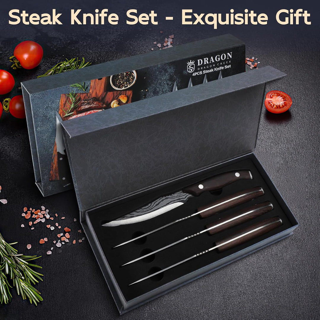 Dragon Creek Holzgriff Steakmesser Set, Steakmesser 4-teilig Edelstahl, Steakbesteck für Heim und Re