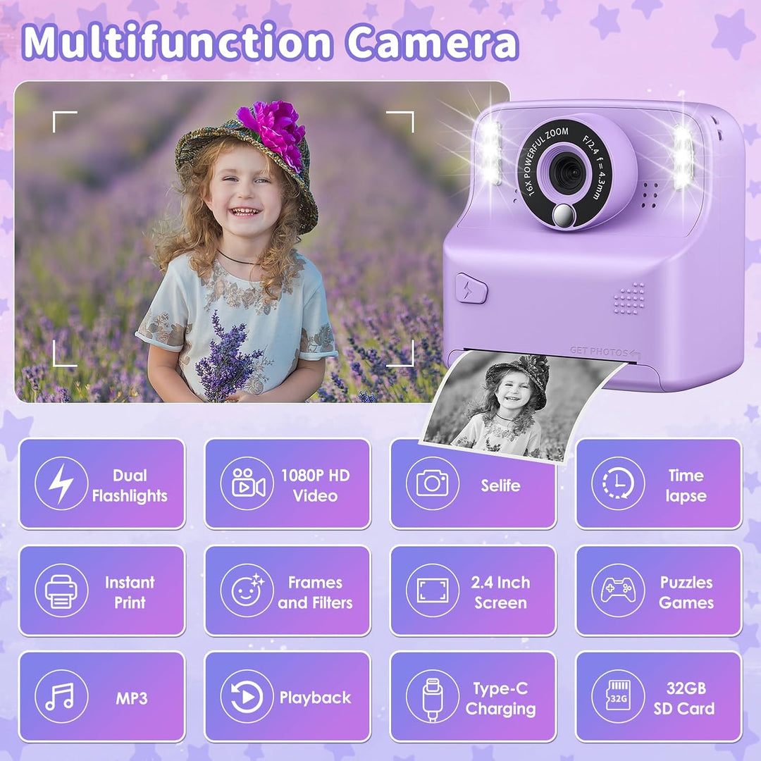 PHNIXGAM Sofortbildkamera Kinder, Digitalkamera kinderkamera fotoapparat 2.4in HD Kamera Geschenke f