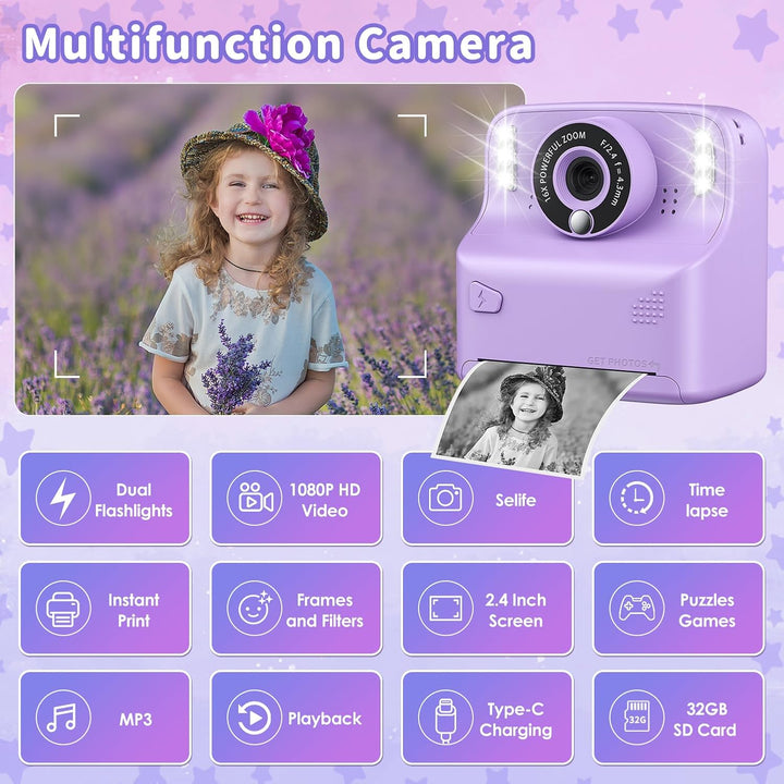 PHNIXGAM Sofortbildkamera Kinder, Digitalkamera kinderkamera fotoapparat 2.4in HD Kamera Geschenke f