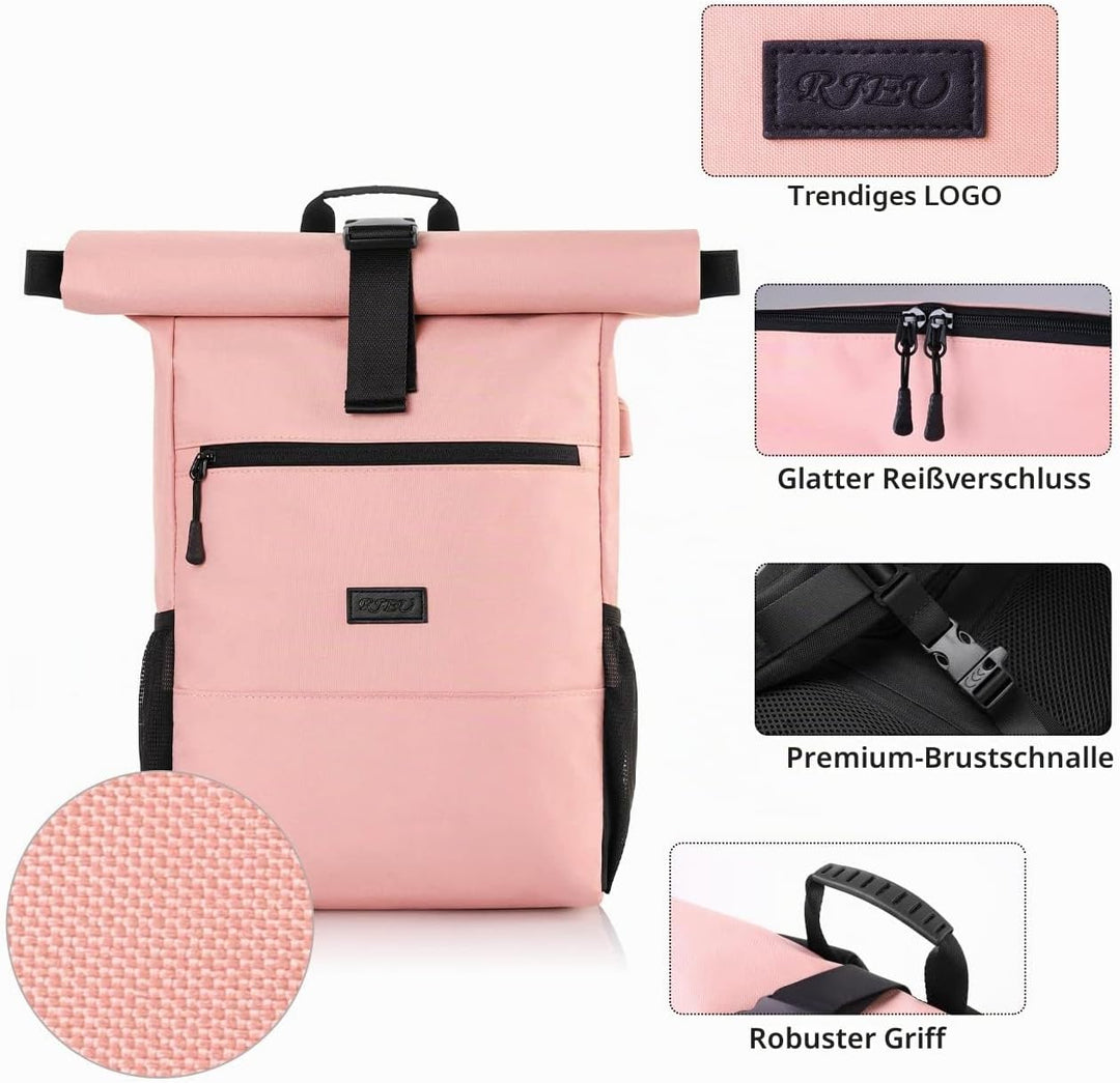 RJEU Rucksack Damen,Schulrucksack Mädchen Teenager,Rolltop Rucksack Frauen mit 12-17 Zoll Laptopfach