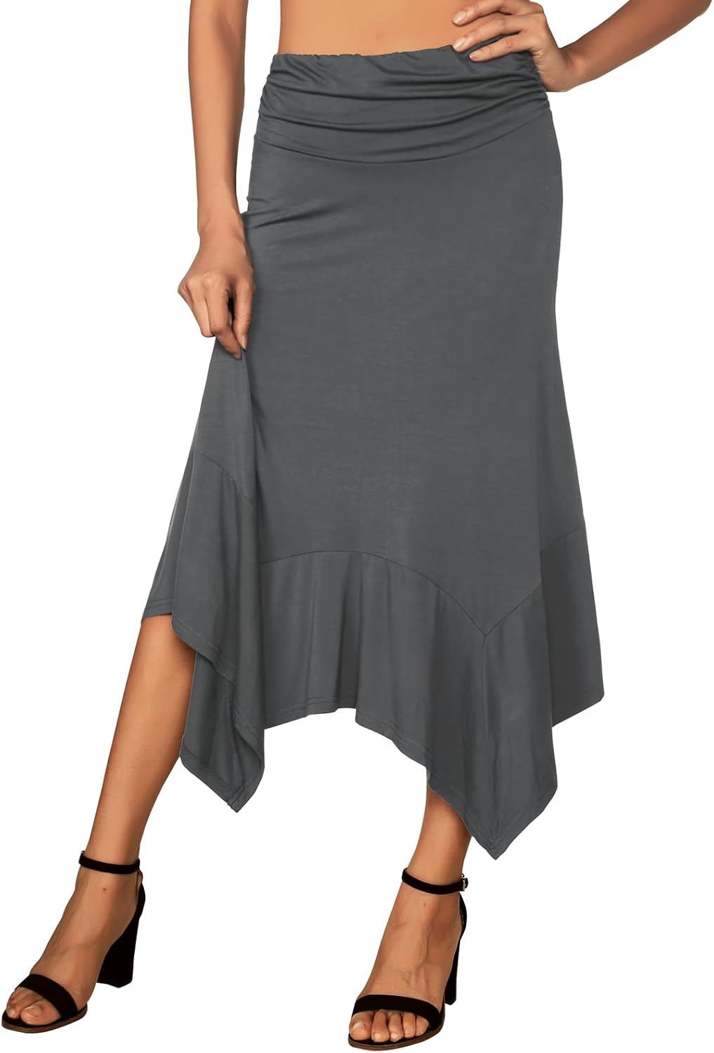 DJT Damen Elastisch Plissierte Taille Elegant Rock A-Linie Faltenrock Midi Rock mit Taschentuch Saum