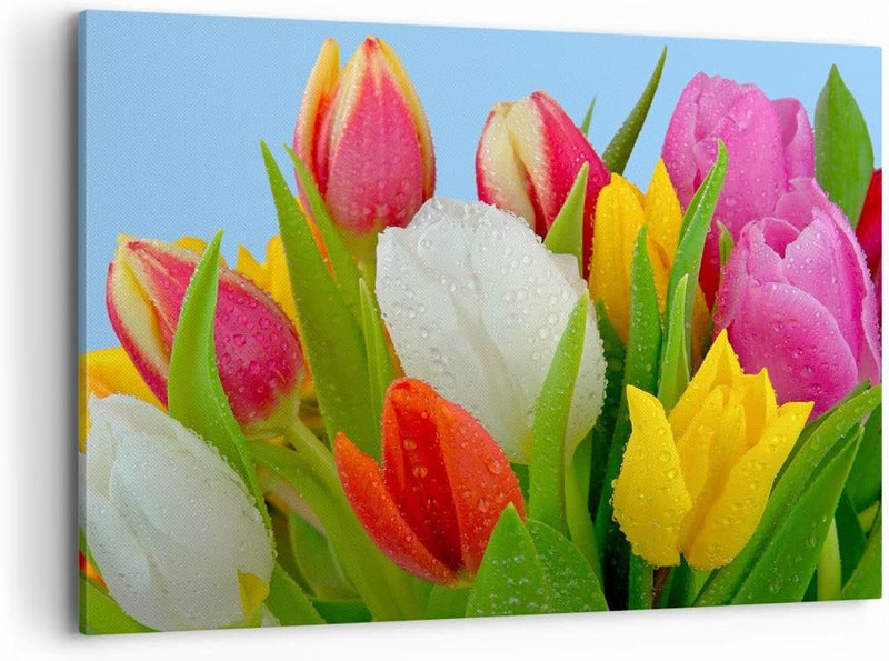 Bilder auf Leinwand 100x70cm Leinwandbild Tulpen Blumenstrauss Blumen Tau Gross Wanddeko Bild Schlaf