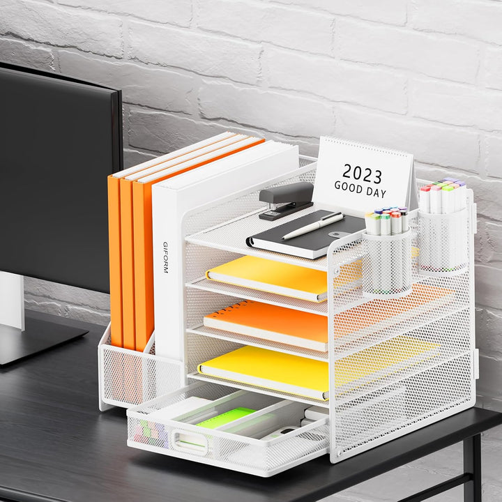 Schreibtisch Organizer mit Aktenhalter, 5-stufiger Papier Organizer mit Schublade und 2 Stifthaltern