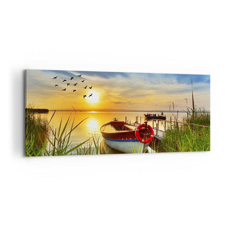 Wandbilder Dekoration Wohnzimmer Boot See Sonnenuntergang Sommer Menschen Bilder auf Leinwand 120x50