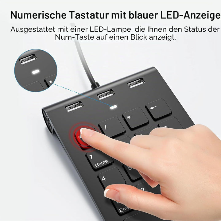 Numeric Keypad Wired Numpad, USB A/USB C Ziffernblock Ergonomischer Mini Nummernblock mit 3 USB 2.0