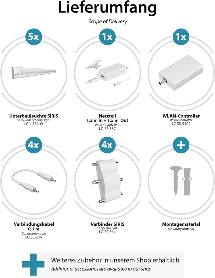 ledscom.de Smarte LED Unterbau-Leuchte SIRIS weiss matt mit WLAN-Controller, flach, Smart-Home, Alex