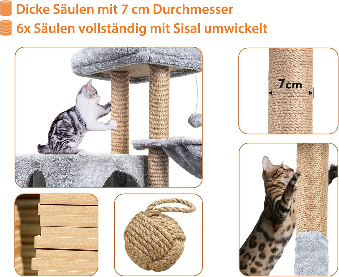 HOMIDEC Katzen Kratzbaum, 145 cm Katzenbaum Kletterturm, Kletterbaum Aktivitätskratzbäum mit Säulen